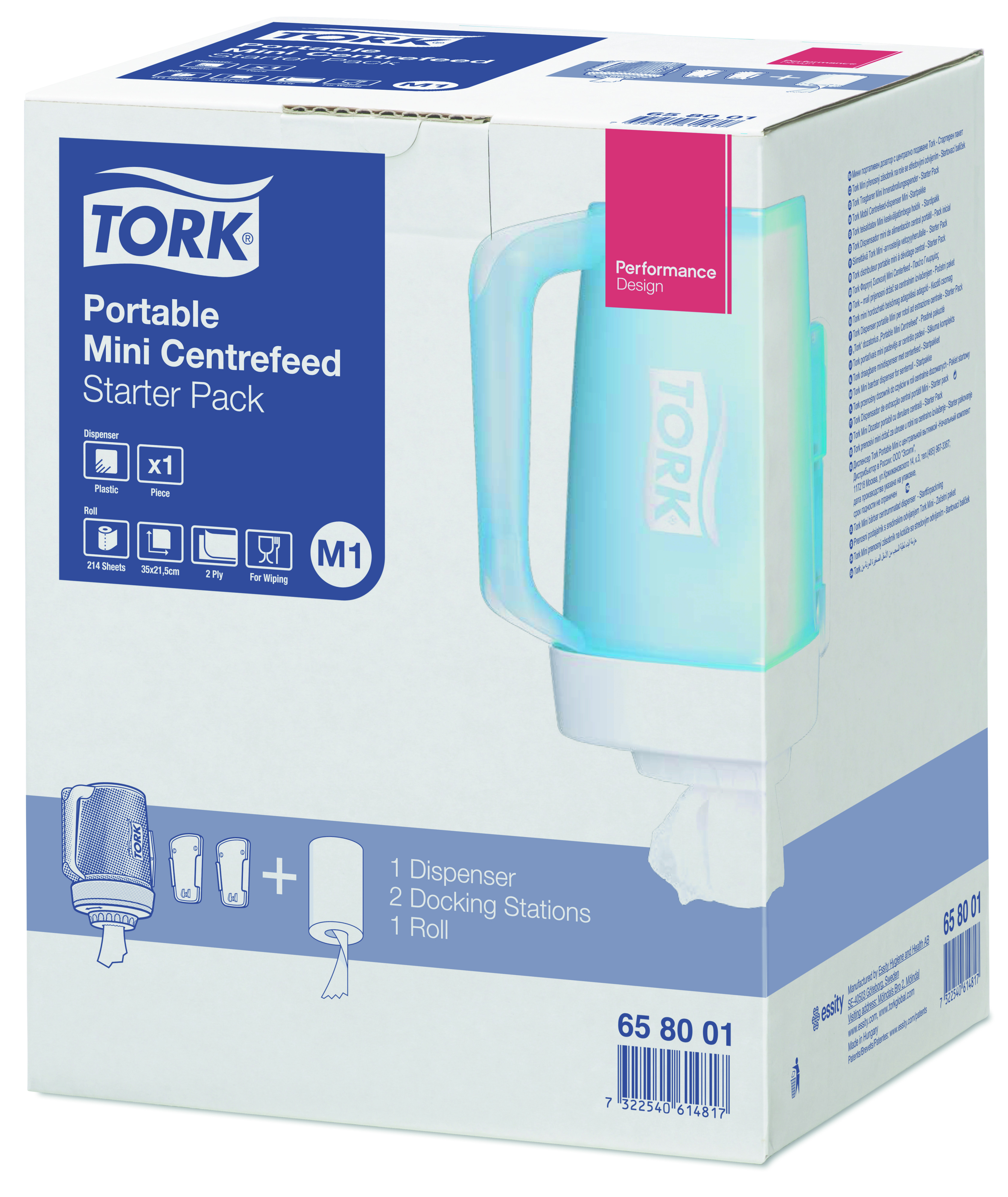 Een Tork Starterpack Draagbare Mini Centerfeed Poetspapier Dispenser Kunststof Wit/Turquoise M1 koop je bij ShopXPress